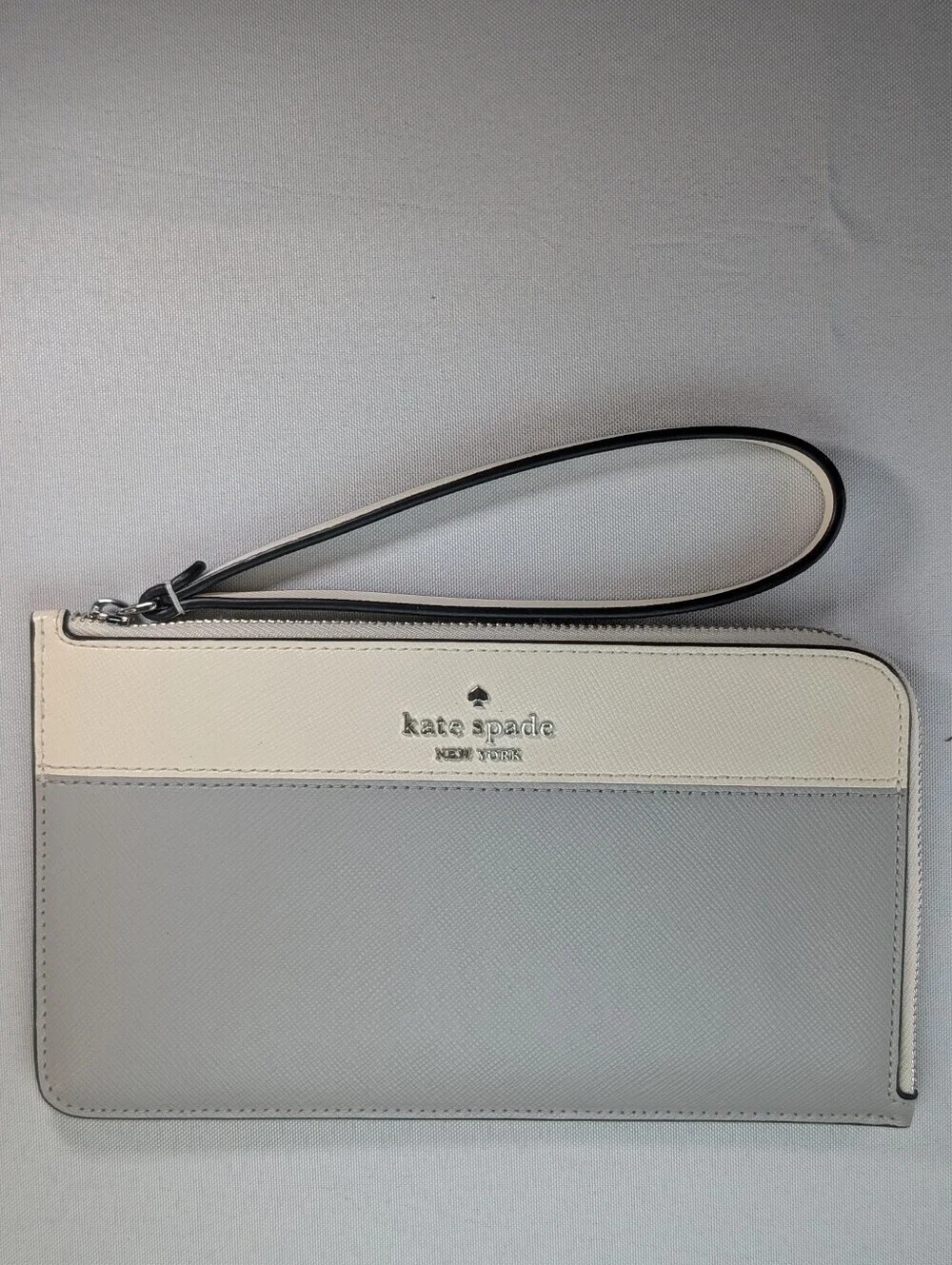Kate Spade Lucy Medium L Zip Wristlet Wallet Gray And Ivory Color Block